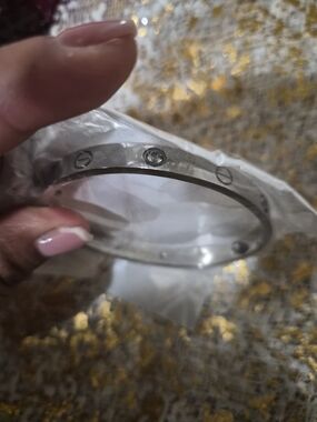 stainless steel Silver Screw-Detail Bangle Bracelet with Crystal Accent